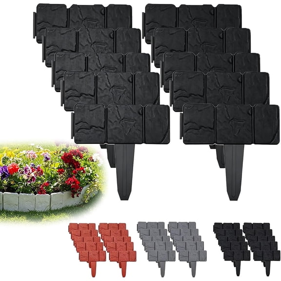 Imitation Stone Garden Fence, Landscape Edging Border Faux Stone Garden Edging Border Plastic Pound in Edging for Landscaping Flower Beds Yard Decorative Artificial Rock Edgers Bricks (20, Black)