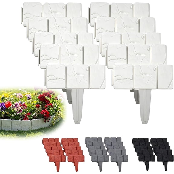 Imitation Stone Garden Fence, Landscape Edging Border Faux Stone Garden Edging Border Plastic Pound in Edging for Landscaping Flower Beds Yard Decorative Artificial Rock Edgers Bricks (20, White)