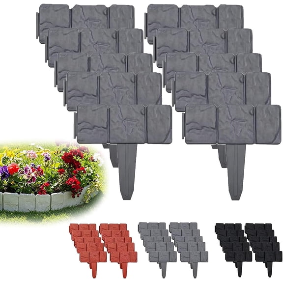 Imitation Stone Garden Fence, Landscape Edging Border Faux Stone Garden Edging Border Plastic Pound in Edging for Landscaping Flower Beds Yard Decorative Artificial Rock Edgers Bricks (10, Grey)