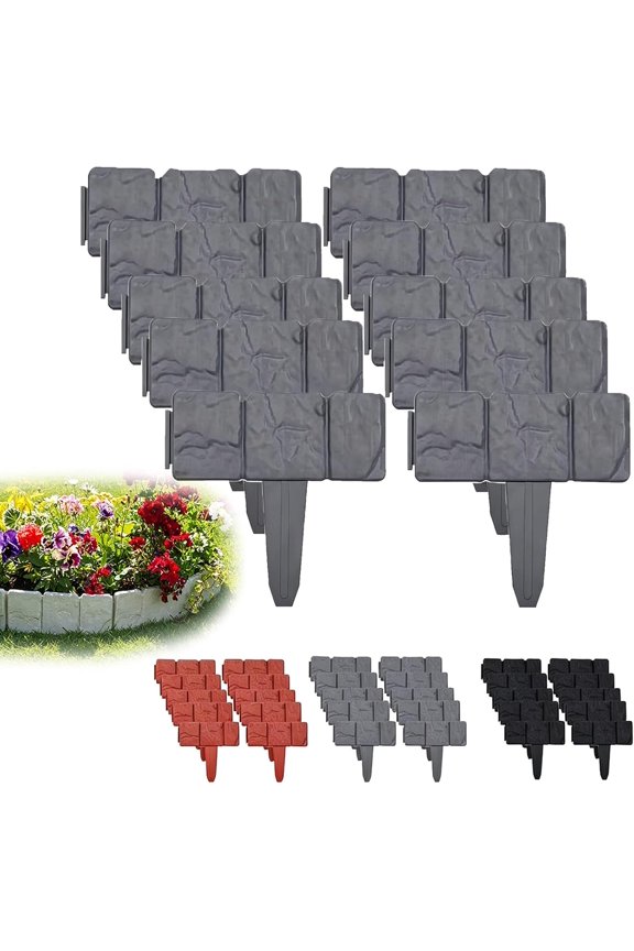 Imitation Stone Garden Fence, Landscape Edging Border Faux Stone Garden Edging Border Plastic Pound in Edging for Landscaping Flower Beds Yard Decorative Artificial Rock Edgers Bricks (10, Grey)
