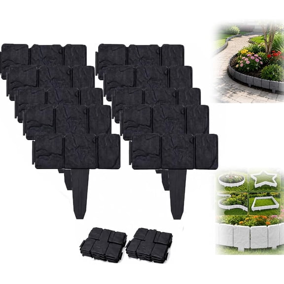 Imitation Stone Garden Fence Plastic Garden Retaining Edging Border, No Dig Landscape Edging, Interlocking Decorative Panels for Flower Bed Path Lawn Outdoor Picket Yard Grass Edge (10pcs,Black)