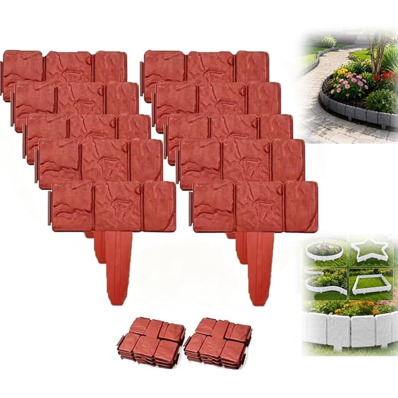 Imitation Stone Garden Fence Plastic Garden Retaining Edging Border, No Dig Landscape Edging, Interlocking Decorative Panels for Flower Bed Path Lawn Outdoor Picket Yard Grass Edge (10pcs,Red)