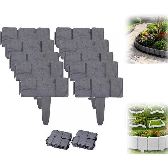 Imitation Stone Garden Fence Plastic Garden Retaining Edging Border, No Dig Landscape Edging, Interlocking Decorative Panels for Flower Bed Path Lawn Outdoor Picket Yard Grass Edge (10pcs,Grey)