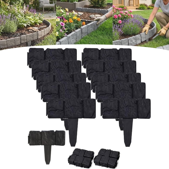 Imitation Stone Garden Fence, Plastic Garden Retaining Edging Fence, Interlocking Landscape Edging, for Flower Bed Path Lawn, Outdoor Landscape Decor Panels (Black,10 Pcs)