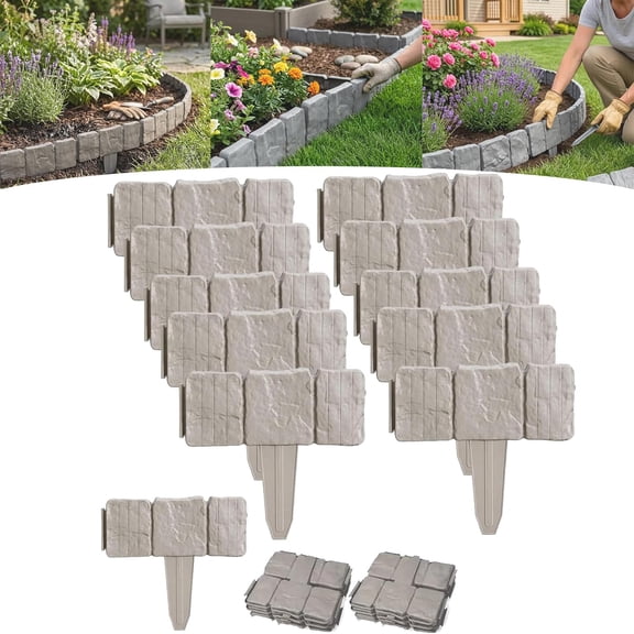 Imitation Stone Garden Fence, Plastic Garden Retaining Edging Fence, Interlocking Landscape Edging, for Flower Bed Path Lawn, Outdoor Landscape Decor Panels (Gray,10 Pcs)