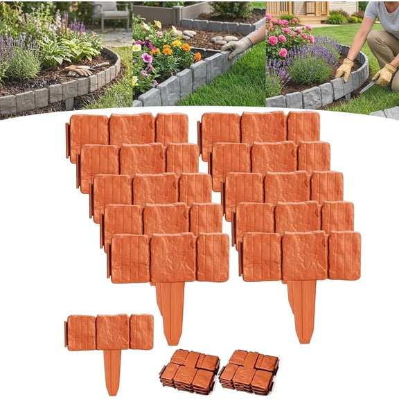 Imitation Stone Garden Fence, Plastic Garden Retaining Edging Fence, Interlocking Landscape Edging, for Flower Bed Path Lawn, Outdoor Landscape Decor Panels (Red,10 Pcs)