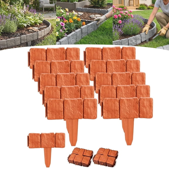 Imitation Stone Garden Fence, Plastic Garden Retaining Edging Fence, Interlocking Landscape Edging, for Flower Bed Path Lawn