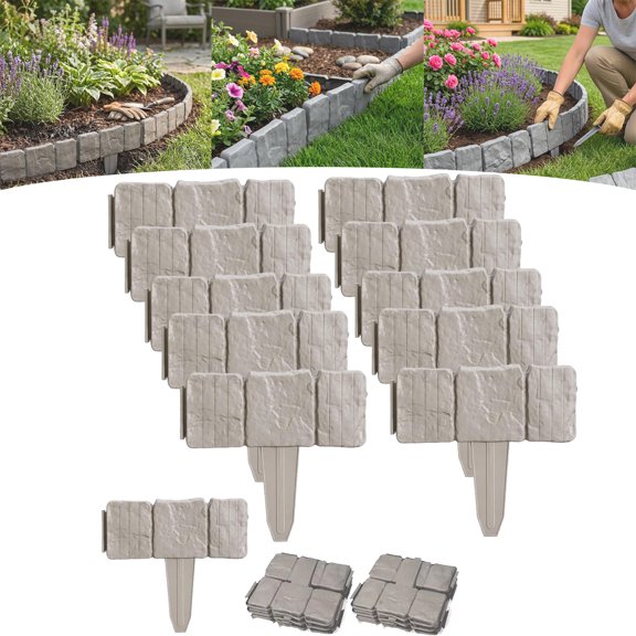 Imitation Stone Garden Fence, Plastic Garden Retaining Edging Fence, Interlocking Landscape Edging, for Flower Bed Path Lawn