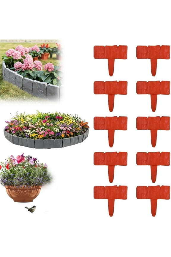 Imitation Stone Garden Fence, Plastic Retaining Edging Border 10/20 Pack Plastic Garden Retaining Fences No Dig Interlocking Landscape Edging with Stakes DIY Faux Rock Flower Bed Edge(Red,10pcs)