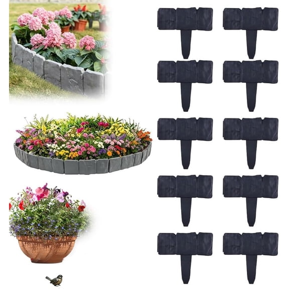 Imitation Stone Garden Fence, Plastic Retaining Edging Border 10/20 Pack Plastic Garden Retaining Fences No Dig Interlocking Landscape Edging with Stakes DIY Faux Rock Flower Bed Edge(Black,10pcs)