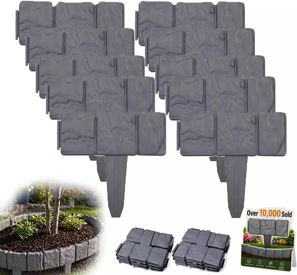 Imitation Stone Garden Fence, Plastic Retaining Edging Border, Cobbled Effect Landscape Decor Interlocking Decorative Panels Flower Bed Path Lawn Outdoor Picket Yard Grass Edge (Grey, 20PCS)
