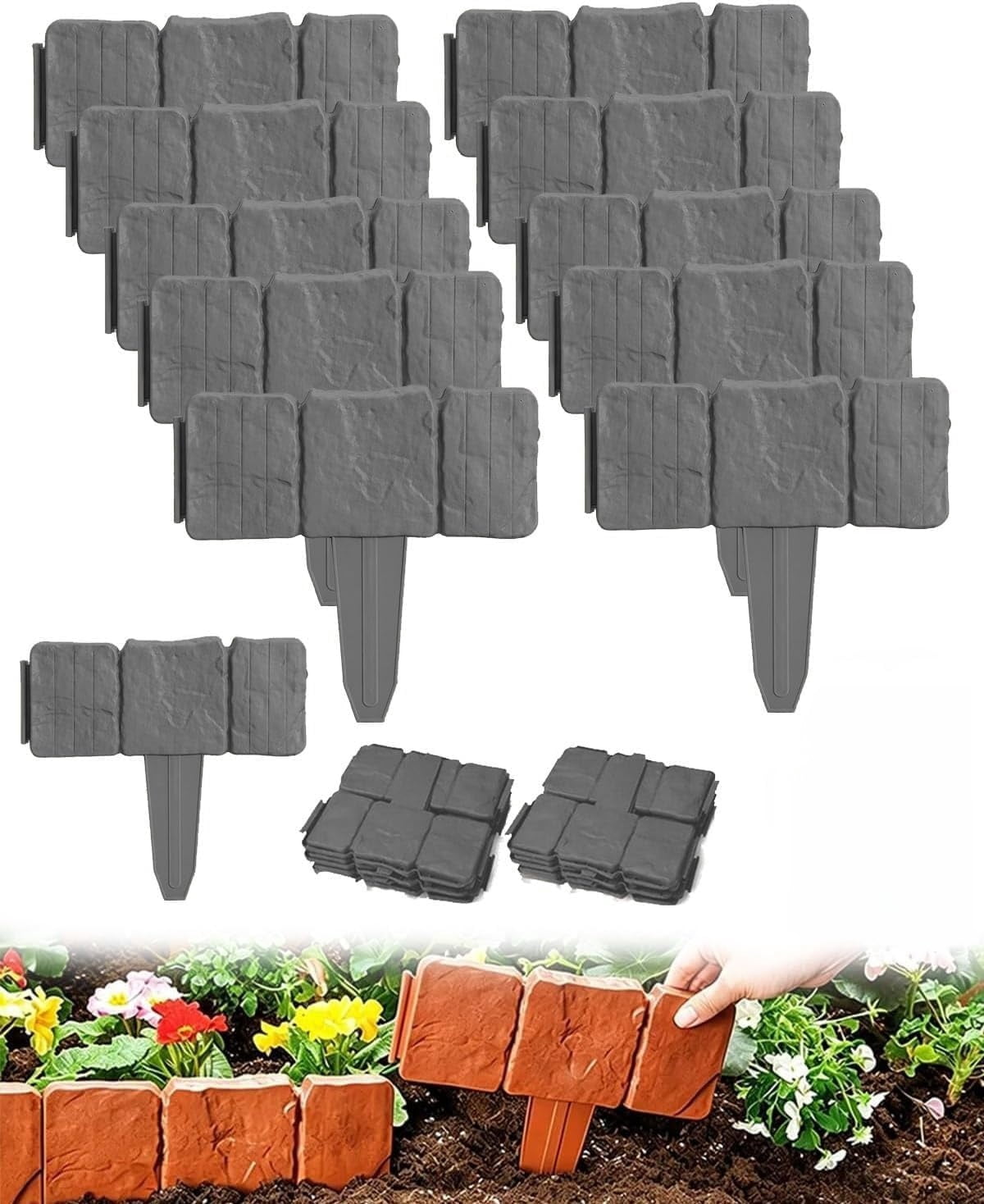Imitation Stone Garden Fence Plastic Retaining Edging Border Cobbled Effect Landscape Decor Interlocking Decorative Panels Flower Bed Path Lawn Outdoor Picket Yard Grass Edge(Gray,10pcs)
