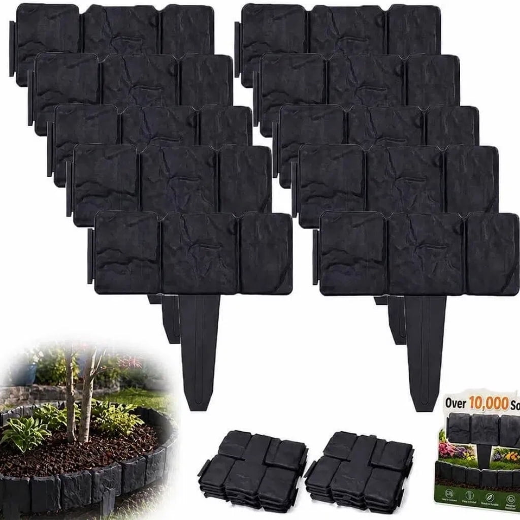 Imitation Stone Garden Fence, Plastic Retaining Edging Border, Cobbled Effect Landscape Decor Interlocking Decorative Panels Flower Bed Path Lawn Outdoor Picket Yard Grass Edge (Black, 20PCS)