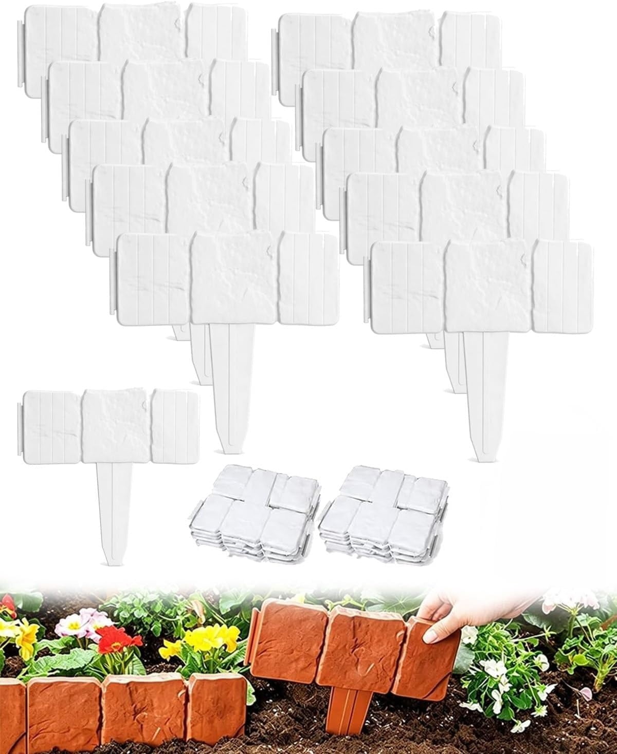 Imitation Stone Garden Fence Plastic Retaining Edging Border Cobbled Effect Landscape Decor Interlocking Decorative Panels Flower Bed Path Lawn Outdoor Picket Yard Grass Edge(White,10pcs)