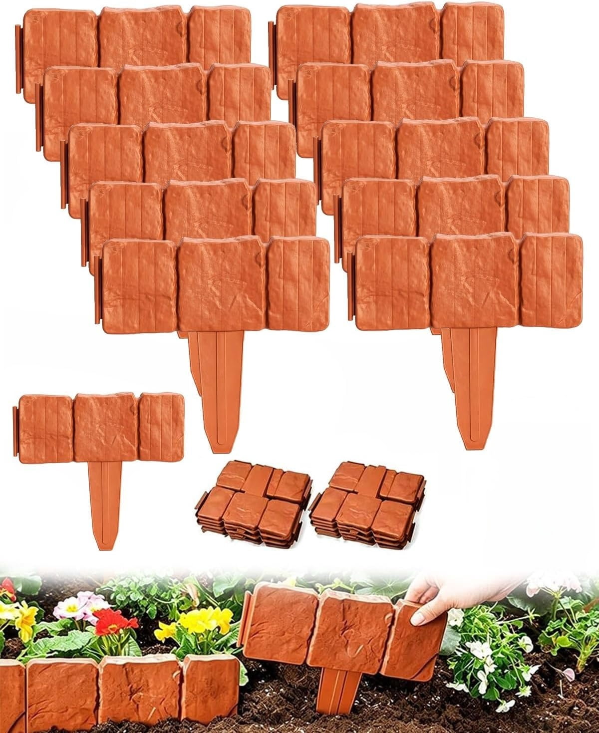Imitation Stone Garden Fence Plastic Retaining Edging Border Cobbled Effect Landscape Decor Interlocking Decorative Panels Flower Bed Path Lawn Outdoor Picket Yard Grass Edge(Orange,20pcs)