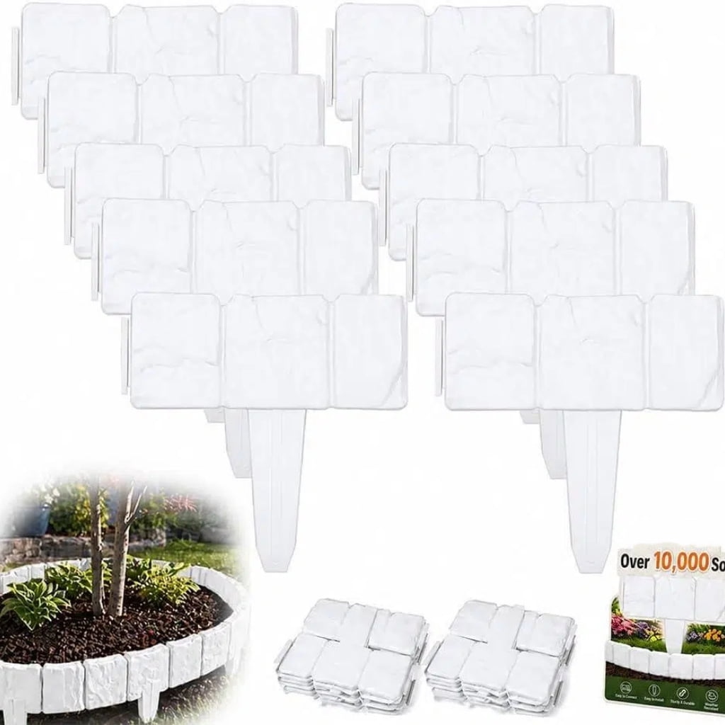 Imitation Stone Garden Fence, Plastic Retaining Edging Border, Cobbled Effect Landscape Decor Interlocking Decorative Panels Flower Bed Path Lawn Outdoor Picket Yard Grass Edge (White, 12PCS)