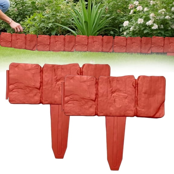 Imitation Stone Garden Fence Plastic Retaining Edging Border Cobbled Effect Landscape Decor Interlocking Decorative Panels Flower Bed Path Lawn Outdoor Picket Yard Grass Edge(Red,2pcs)