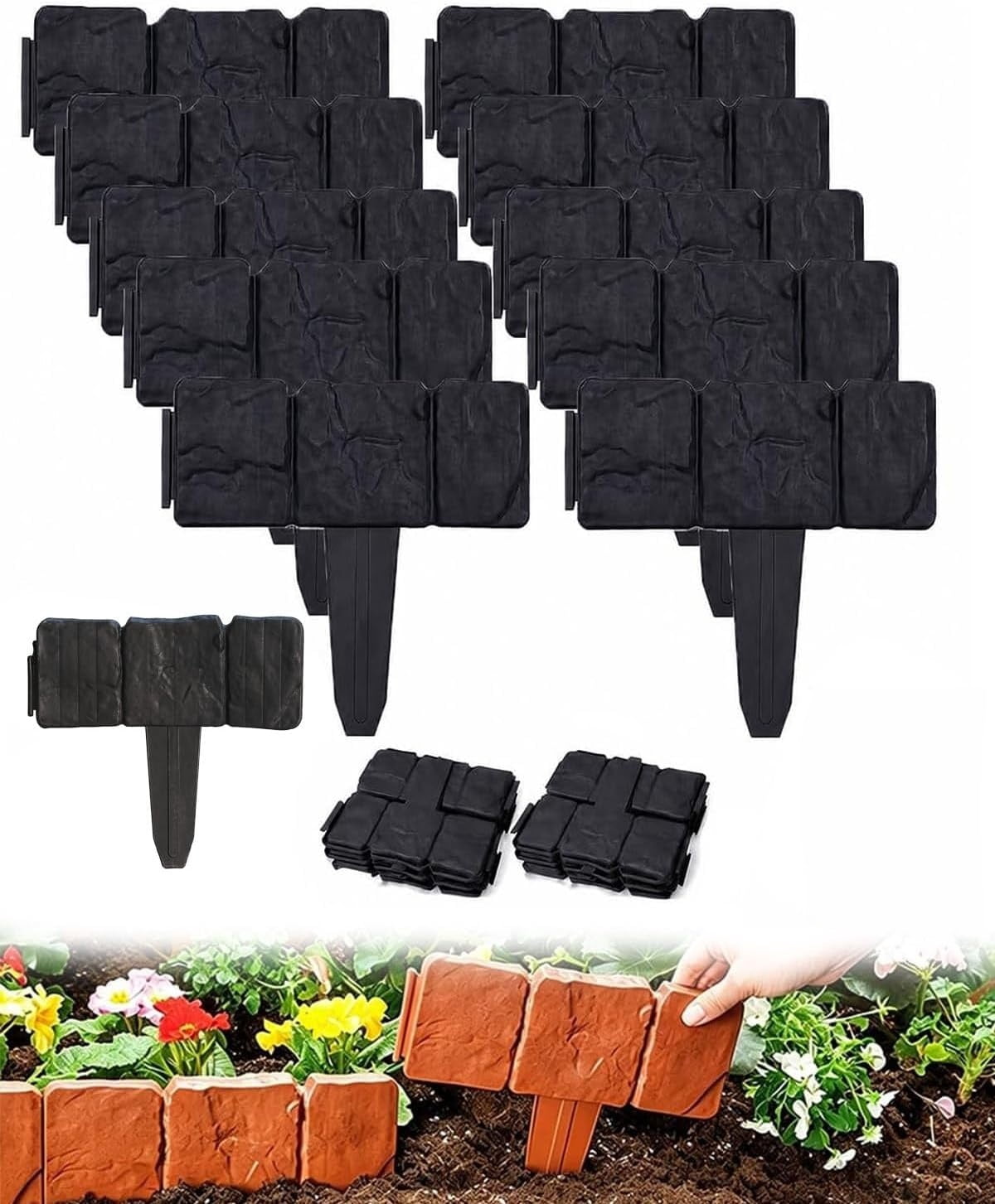 Imitation Stone Garden Fence Plastic Retaining Edging Border Cobbled Effect Landscape Decor Interlocking Decorative Panels Flower Bed Path Lawn Outdoor Picket Yard Grass Edge(Black,10pcs)
