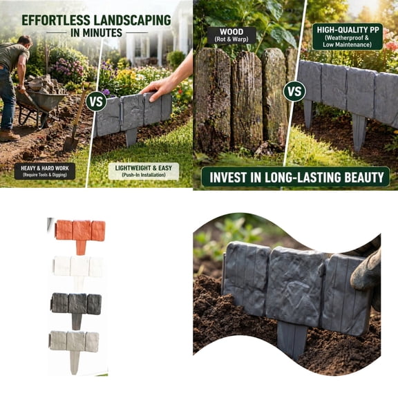 Cobblestone Imitation Garden Edging, Plastic Interlocking Landscape Border, Decorative Retaining Fence Panel for Flower Bed Lawn Path Yard Grass Edge Outdoor Landscaping (Gray,20Pcs)