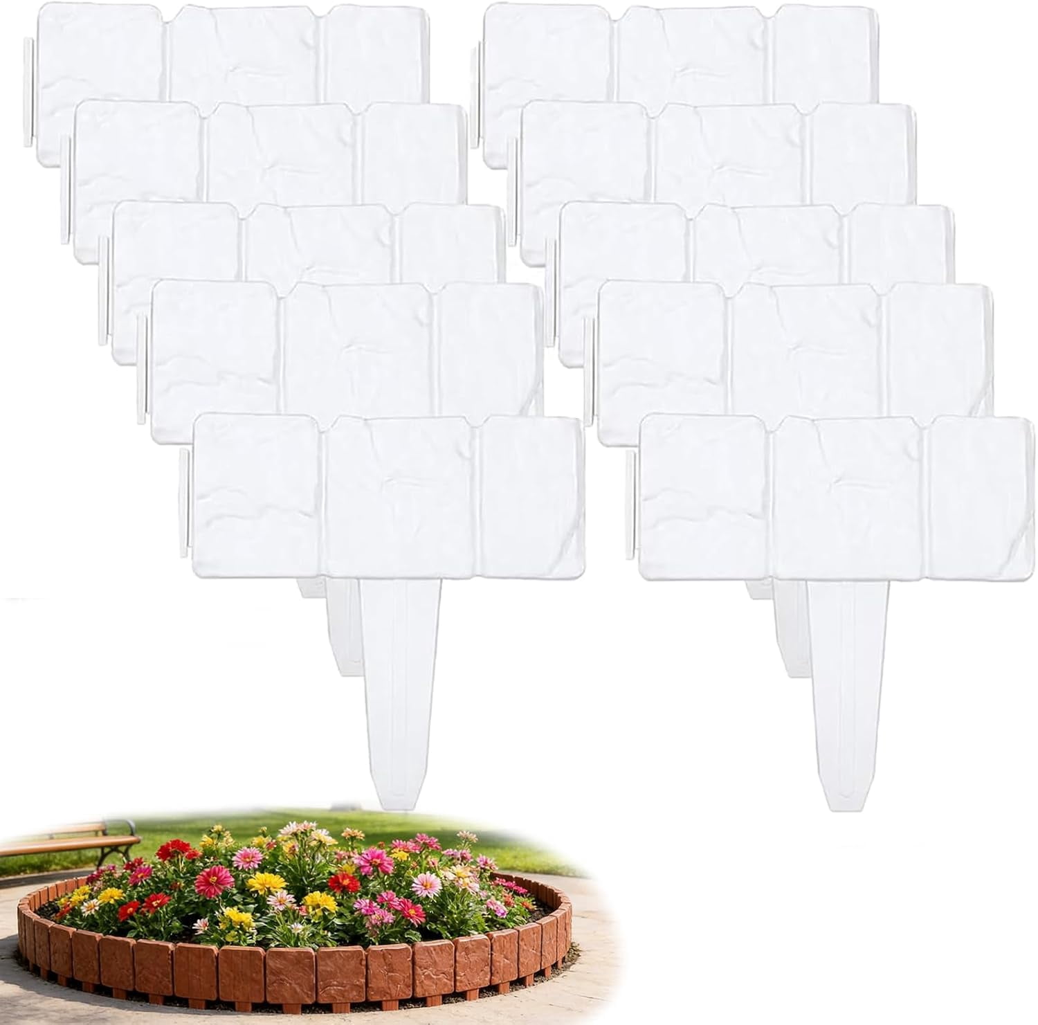 Imitation Stone Garden Fence Plastic Retaining Edging Border Effect Landscape Decor Interlocking Panels Flower Bed Path No Dig Decorative Lawn Border Outdoor Picket Yard(White,10pcs)