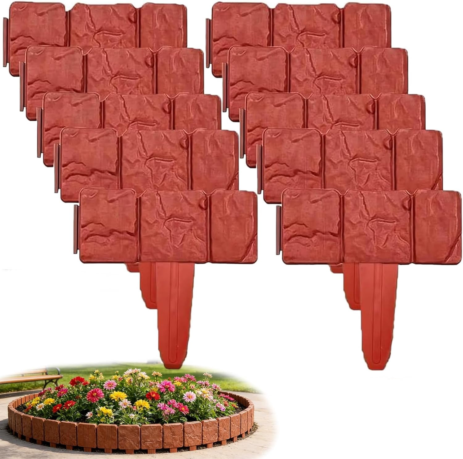 Imitation Stone Garden Fence Plastic Retaining Edging Border Effect Landscape Decor Interlocking Panels Flower Bed Path No Dig Decorative Lawn Border Outdoor Picket Yard(Orange,20pcs)