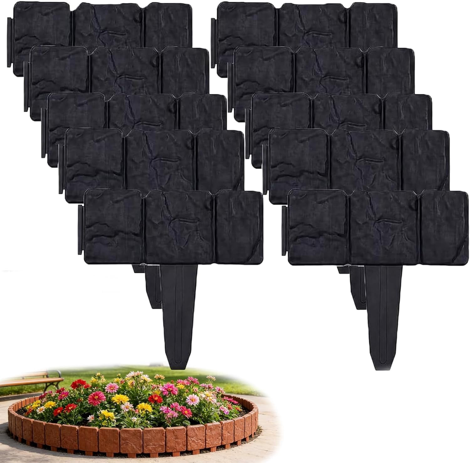 Imitation Stone Garden Fence Plastic Retaining Edging Border Effect Landscape Decor Interlocking Panels Flower Bed Path No Dig Decorative Lawn Border Outdoor Picket Yard(Black,10pcs)
