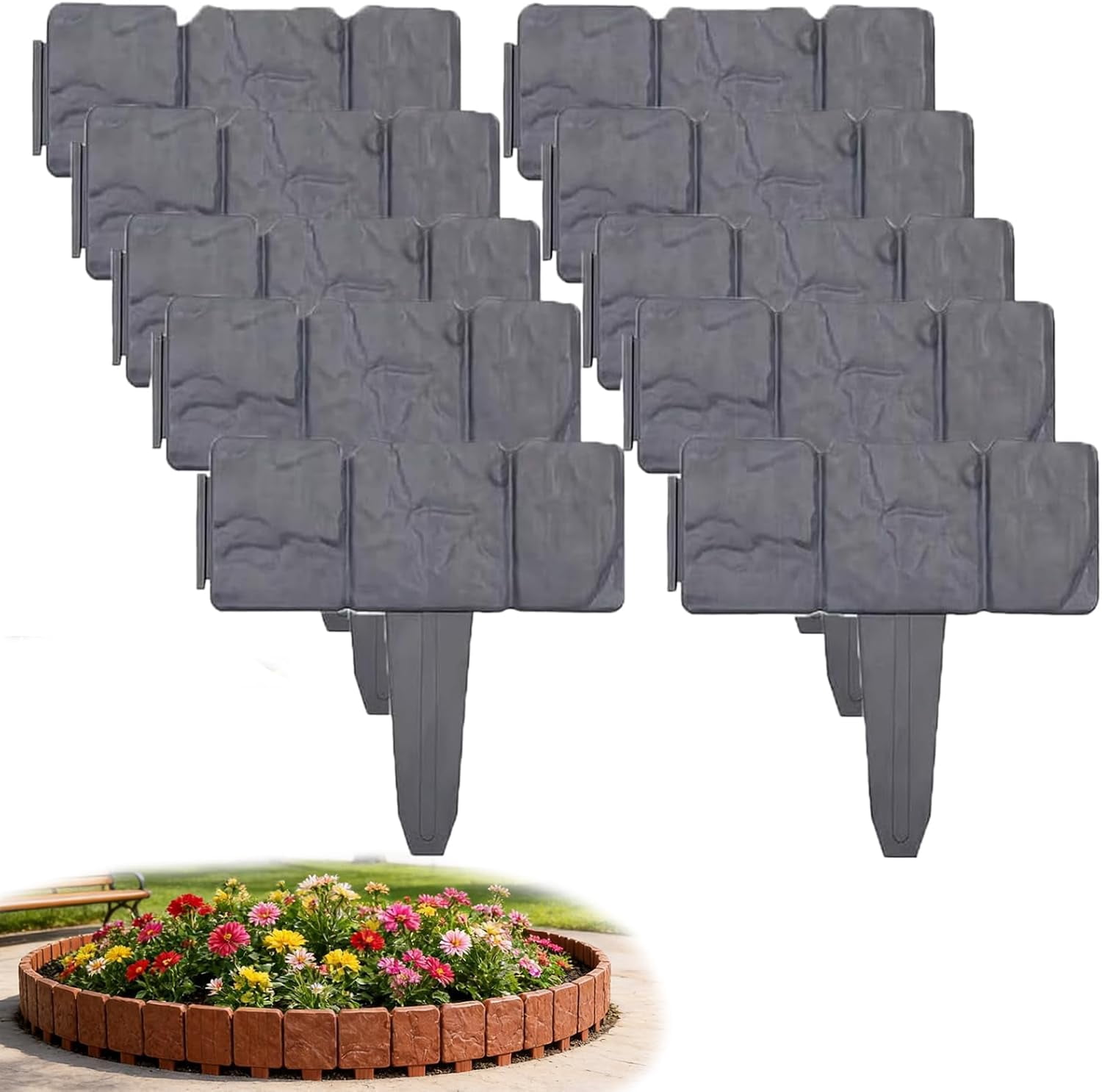 Imitation Stone Garden Fence Plastic Retaining Edging Border Effect Landscape Decor Interlocking Panels Flower Bed Path No Dig Decorative Lawn Border Outdoor Picket Yard(Gray,20pcs)