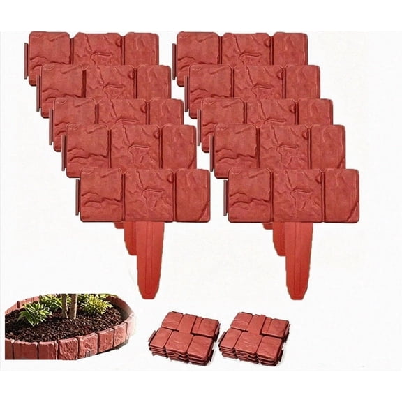 Imitation Stone Garden Fence Plastic Retaining Edging Border for Flower Bed Path Outdoor Yard Grass Edging Grey Cobbled Effect Landscaping Decor Decorative Panels (Red,10PCS)