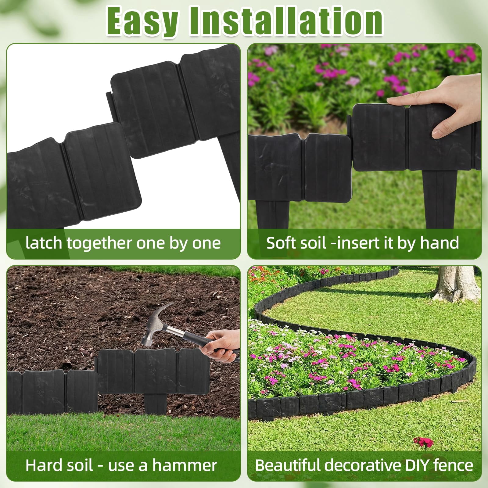 Imitation Stone Garden Fence Plastic Retaining Edging Border Grey Cobbled Effect Landscape Decor Interlocking Decorative Panels Flower Bed Path Lawn Outdoor Picket Yard Grass Edge(Black,10pcs)