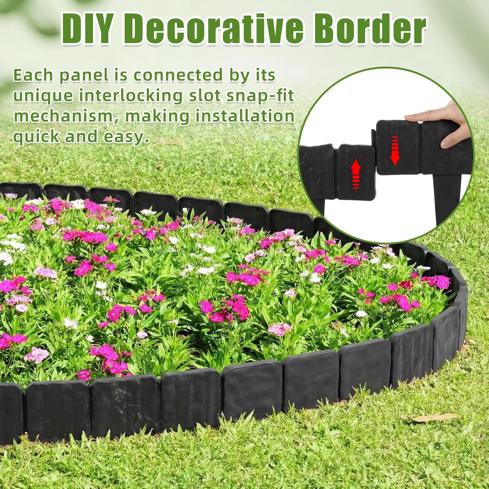 Imitation Stone Garden Fence Plastic Retaining Edging Border Grey Cobbled Effect Landscape Decor Interlocking Decorative Panels Flower Bed Path Lawn Outdoor Picket Yard Grass Edge(Black,20pcs)