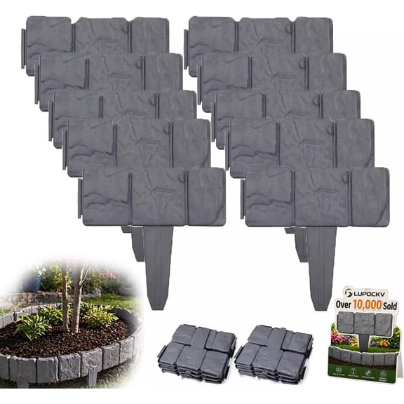 Imitation Stone Garden Fence Plastic Retaining Edging Border Grey Cobbled Effect Landscape Decor Interlocking Decorative Panels Flower Bed Path Lawn Outdoor Picket Yard Grass Edge