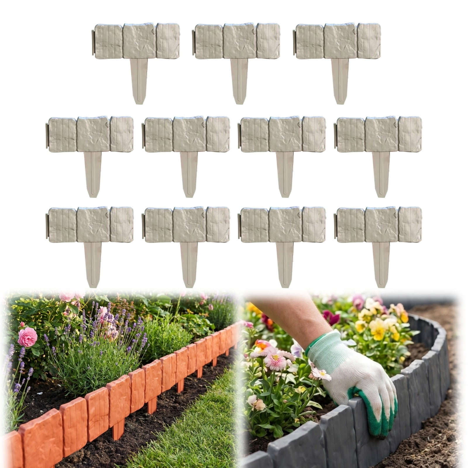 Imitation Stone Garden Fence Plastic Retaining Edging Border Grey Cobbled Effect Landscape Decor Interlocking Decorative Panels Flower Bed Path Lawn Outdoor Picket Yard Grass Edge