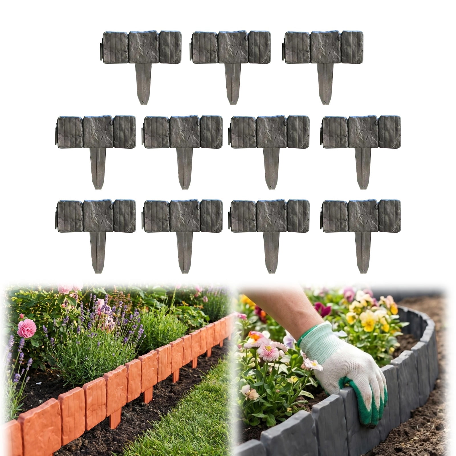 Imitation Stone Garden Fence Plastic Retaining Edging Border Grey Cobbled Effect Landscape Decor Interlocking Decorative Panels Flower Bed Path Lawn Outdoor Picket Yard Grass Edge