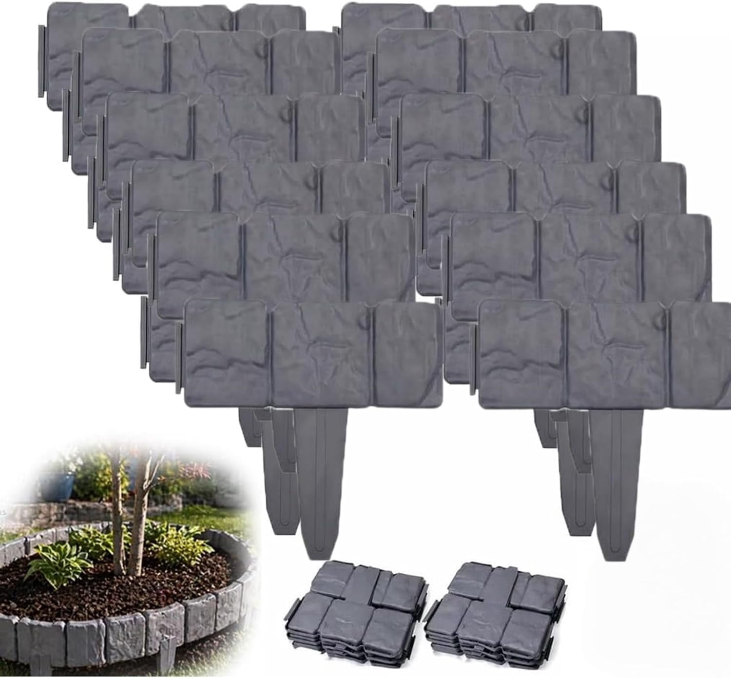 Imitation Stone Garden Fence, Plastic Retaining Edging Border Grey Cobbled Effect Landscape Decor Interlocking Decorative Panels, Flower Bed Path Lawn Outdoor Picket Yard (10, gray)M