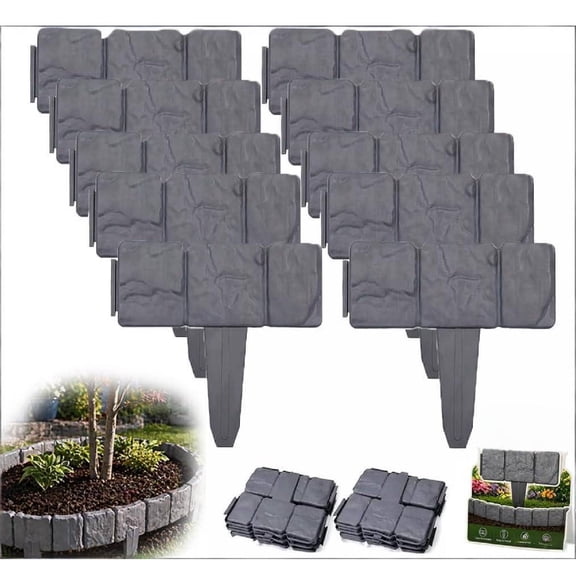 Imitation Stone Garden Fence Plastic Retaining Edging Border Grey Cobbled Effect Landscape Decor Interlocking Decorative Panels Flower Bed Path Lawn Outdoor Picket Yard Grass Edge(10pcs)