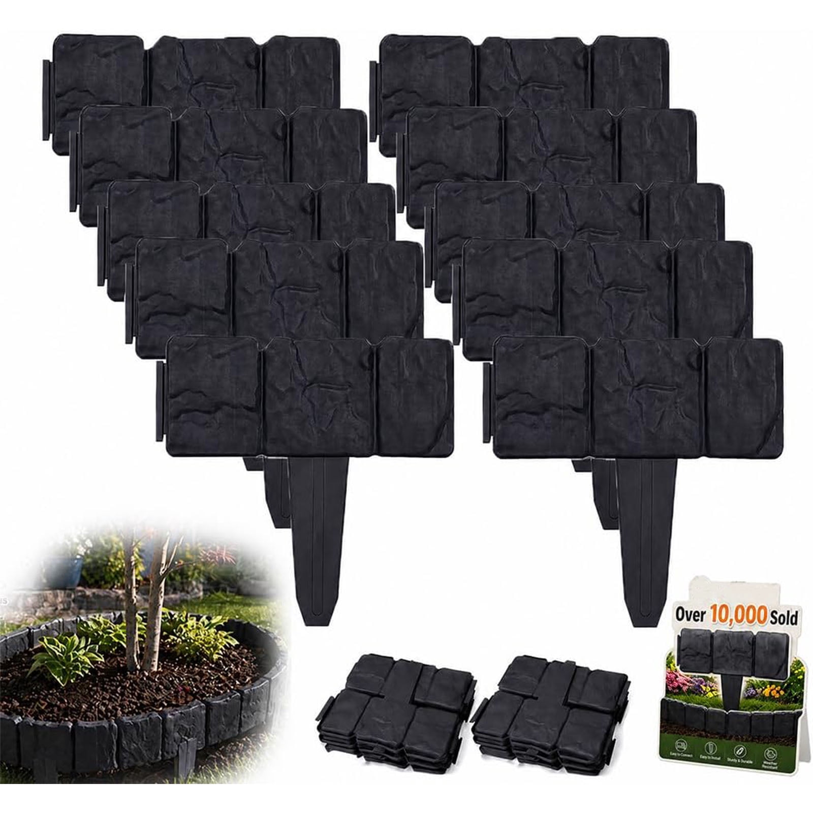 Imitation Stone Garden Fence Plastic Retaining Edging Border Grey Cobbled Effect Landscape Decor Interlocking Decorative Panels Flower Bed Path Lawn Outdoor Picket Yard Grass Edge
