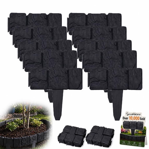 Imitation Stone Garden Fence, Grey Interlocking Plastic Retaining Edging Border for Landscape Decor, Flower Bed, Lawn, Yard, Path, and Grass