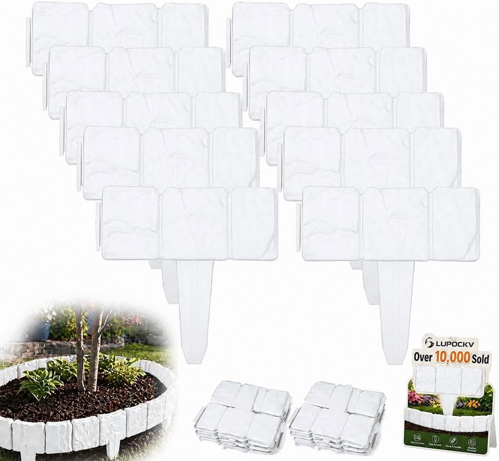 Imitation Stone Garden Fence Plastic Retaining Edging Border Grey Cobbled Effect Landscape Decor Interlocking Decorative Panels Flower Bed Path Lawn Outdoor Picket Yard Grass Edge (White, 10pcs)