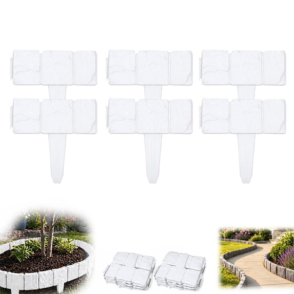 Imitation Stone Garden Fence, Plastic Retaining Edging Border, Grey Cobbled Effect Landscape Decor, Interlocking Panels for Flower Bed Path Lawn(White, 6pcs)