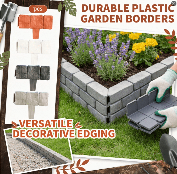 Imitation Stone Garden Fence, Plastic Retaining Edging Border, Grey Cobbled Interlocking Decorative Panels for Lawn, Flower Bed, Path, Outdoor Yard (10-Piece)