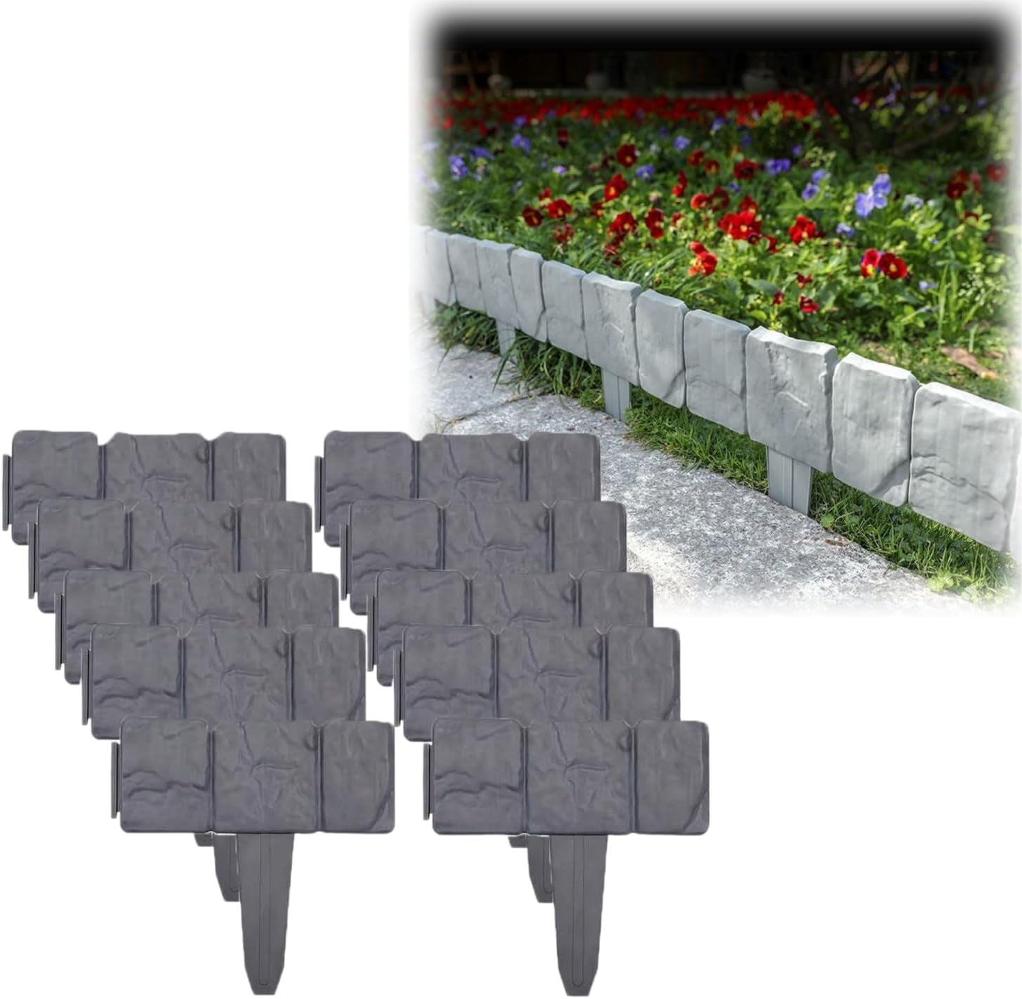 Imitation Stone Garden Fence,Stone-Like Garden Edging Border,Stone Landscape Edging,Landscape Decor Decorative Panels Flower Bed Path Lawn Outdoor Picket Yard Grass Edge (Black, 20PC)