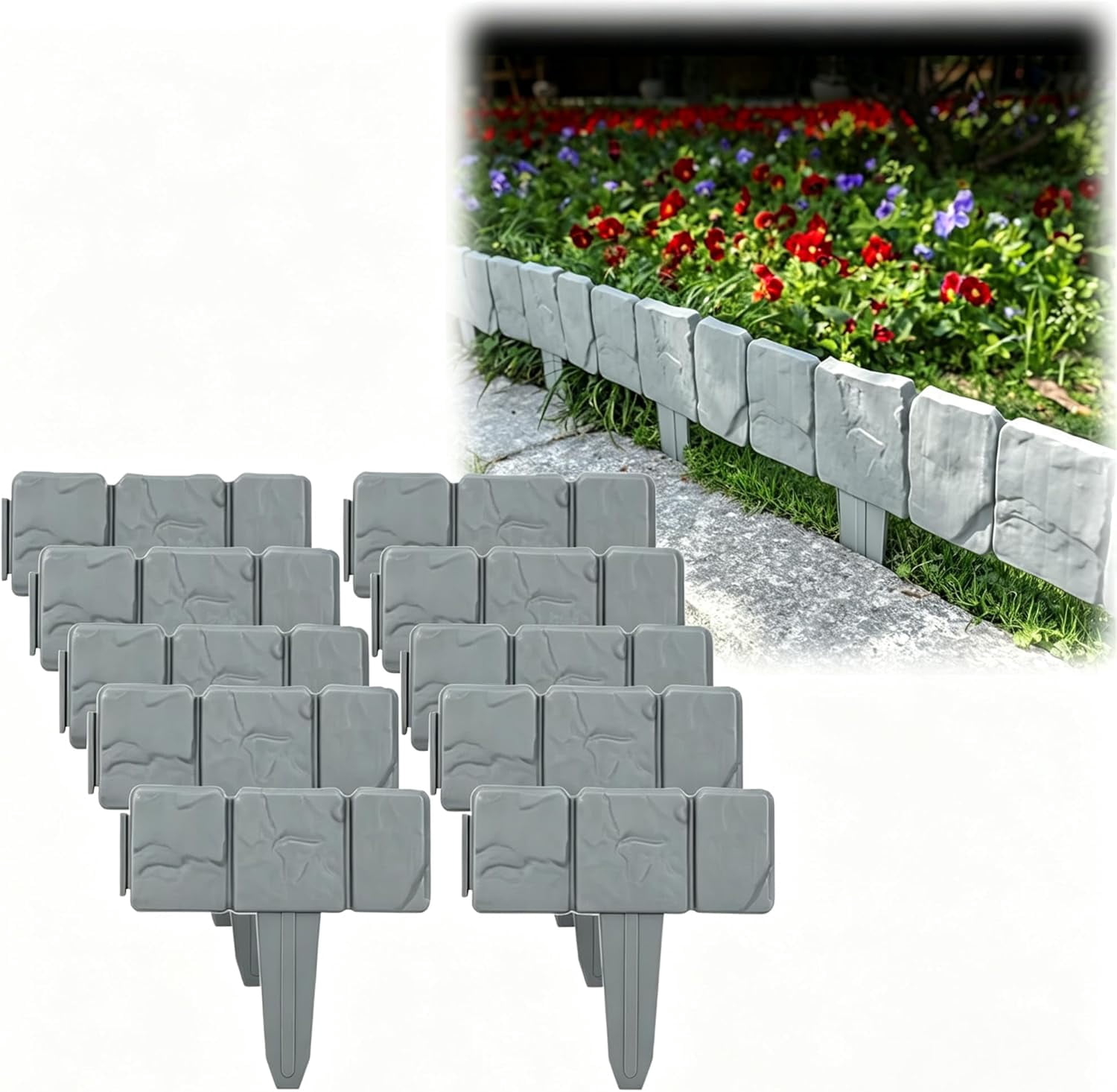 Imitation Stone Garden Fence,Stone-Like Garden Edging Border,Stone Landscape Edging,Landscape Decor Decorative Panels Flower Bed Path Lawn Outdoor Picket Yard Grass Edge (Grey, 20PC)