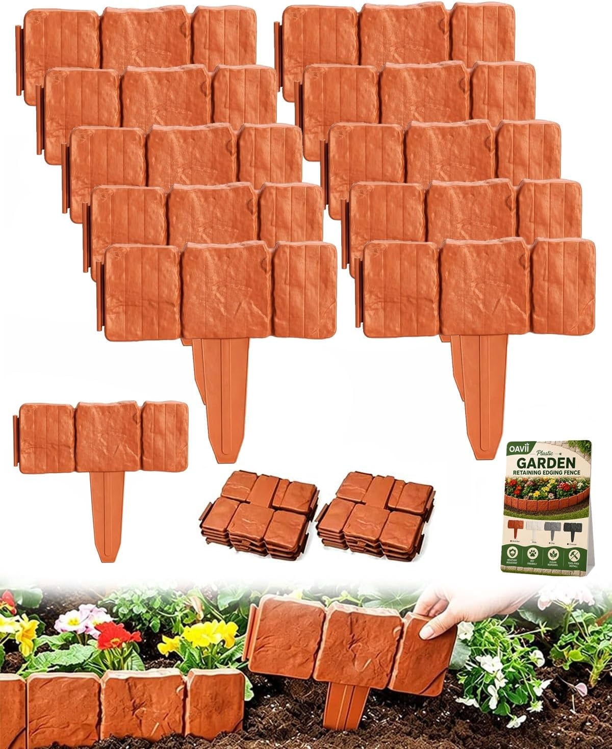 Imitation Stone Garden Fence, Stone-Look Lawn Edging Border for Flower Beds, Plastic Garden Retaining Edging Fence, Flexible Interlocking Landscape Edging, No Dig Decorative Lawn Border