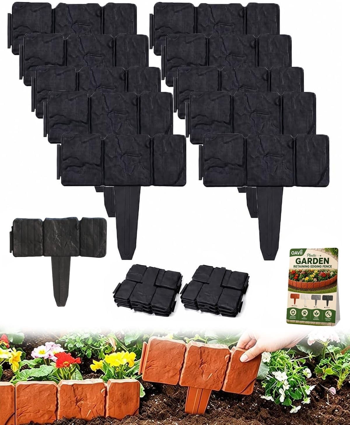 Imitation Stone Garden Fence, Stone-Look Lawn Edging Border for Flower Beds, Plastic Garden Retaining Edging Fence, Flexible Interlocking Landscape Edging, No Dig Decorative Lawn Border