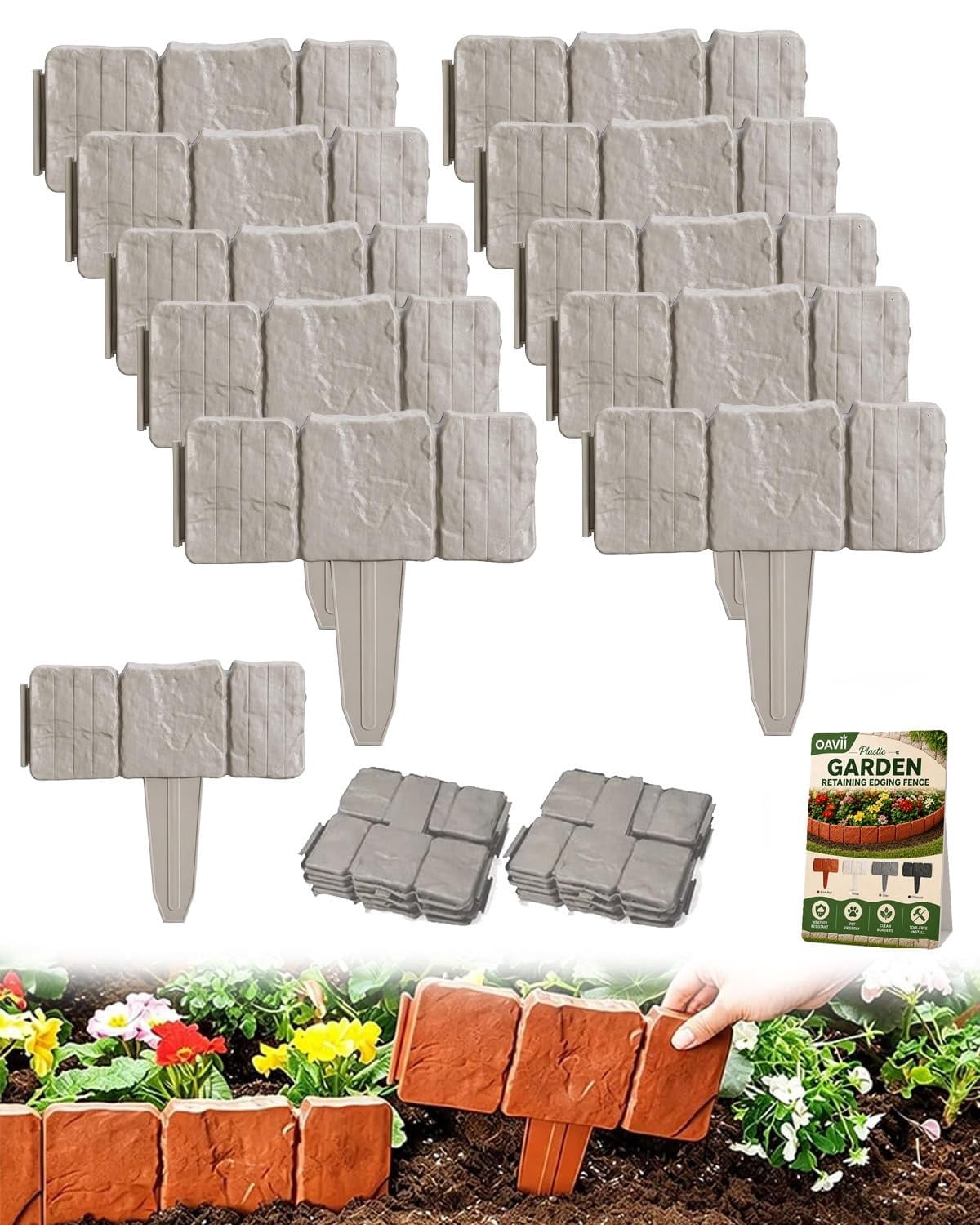 Imitation Stone Garden Fence, Stone-Look Lawn Edging Border for Flower Beds, Plastic Garden Retaining Edging Fence, Flexible Interlocking Landscape Edging, No Dig Decorative Lawn Border