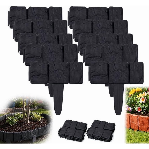 Imitation Stone Garden Fence, Stone-Look Lawn Edging Border for Flower Beds, Plastic Garden Retaining Edging Fence, Flexible Interlocking Landscape Edging, No Dig Decorative Lawn Border(Black,10pcs)