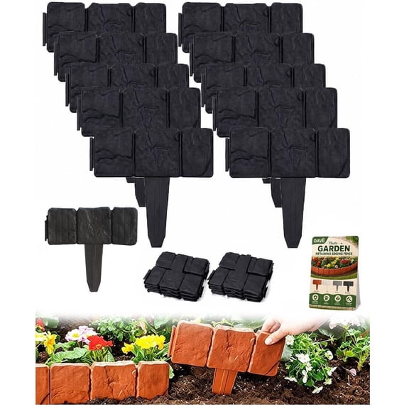 Imitation Stone Garden Fence, Stone-Look Lawn Edging Border for Flower Beds, Plastic Garden Retaining Edging Fence, Flexible Interlocking Landscape Edging, No Dig Decorative Lawn Border(Black,10pcs)
