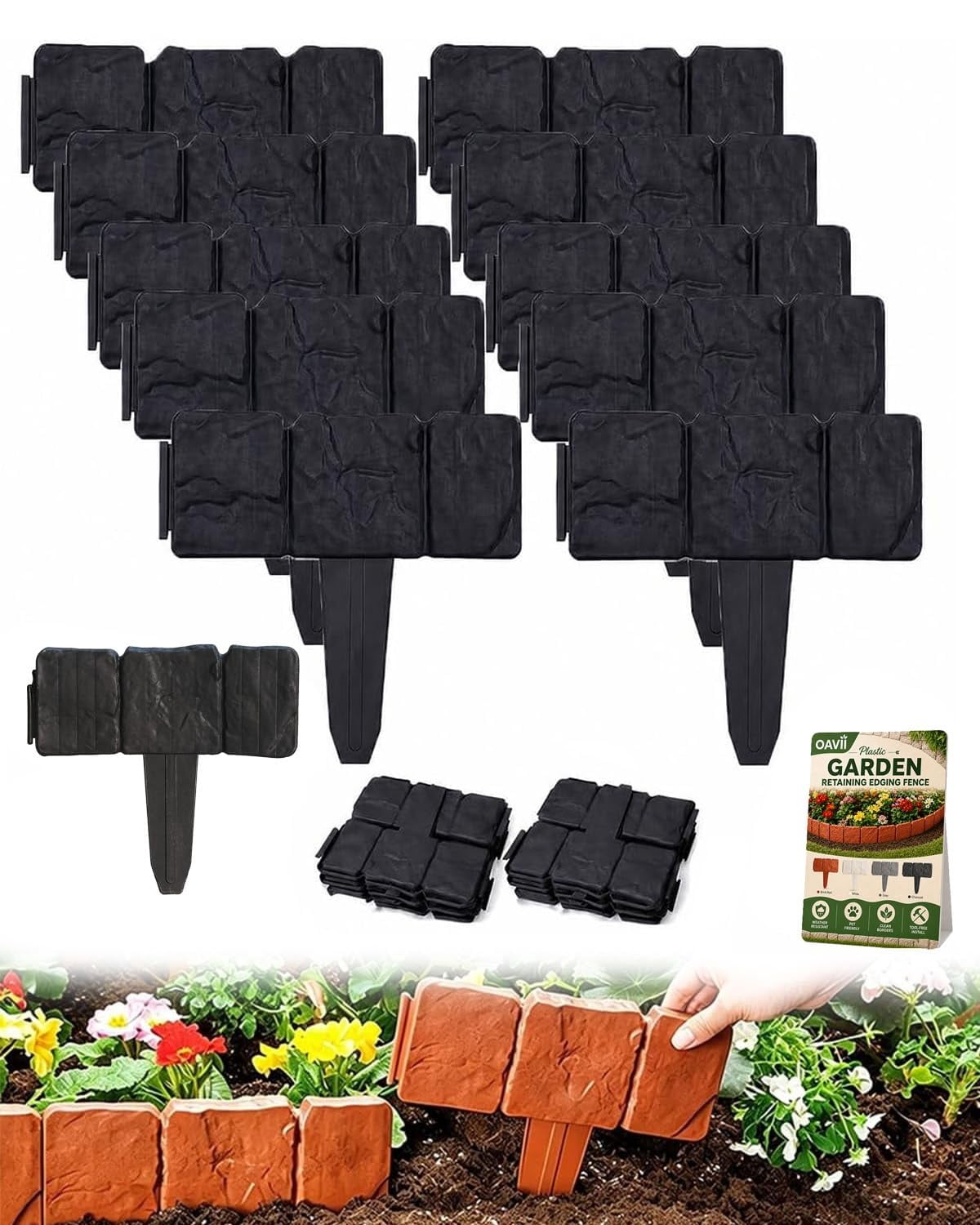 Imitation Stone Garden Fence, Stone-Look Lawn Edging Border for Flower Beds, Plastic Garden Retaining Edging Fence, Flexible Interlocking Landscape Edging, No Dig Decorative Lawn Border