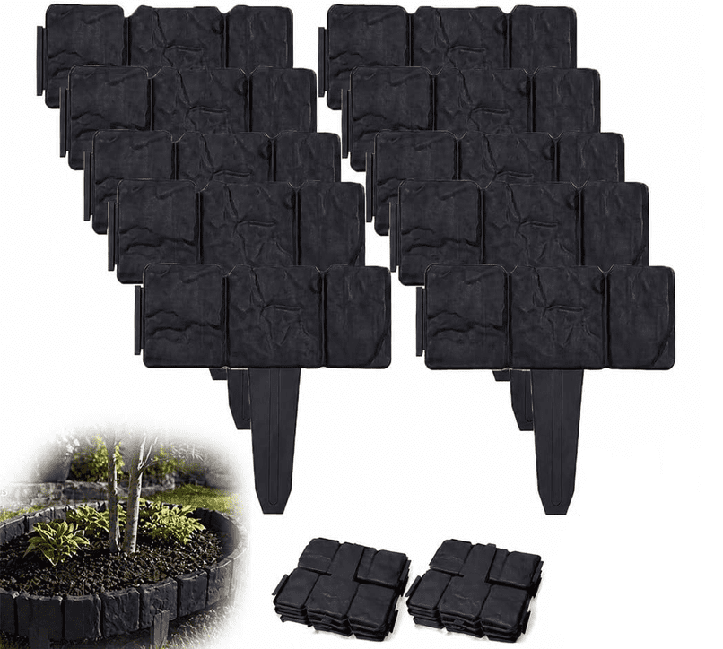 Imitation Stone Plastic Garden Edging, Cobbled Effect Interlocking Fence Border for Flower Bed Lawn Path Yard Outdoor Decor, Black, 10pcs