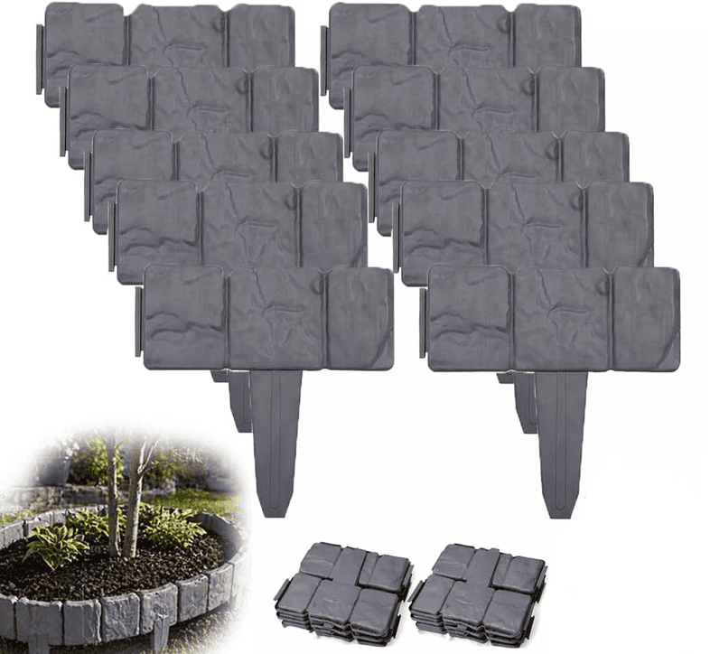 Imitation Stone Plastic Garden Edging, Cobbled Effect Interlocking Fence Border for Flower Bed Lawn Path Yard Outdoor Decor, Gray, 10pcs